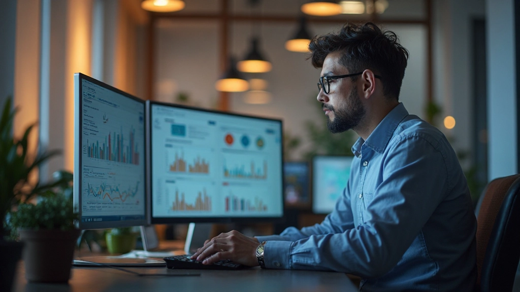 Аналитик работает с данными аудитории на компьютере